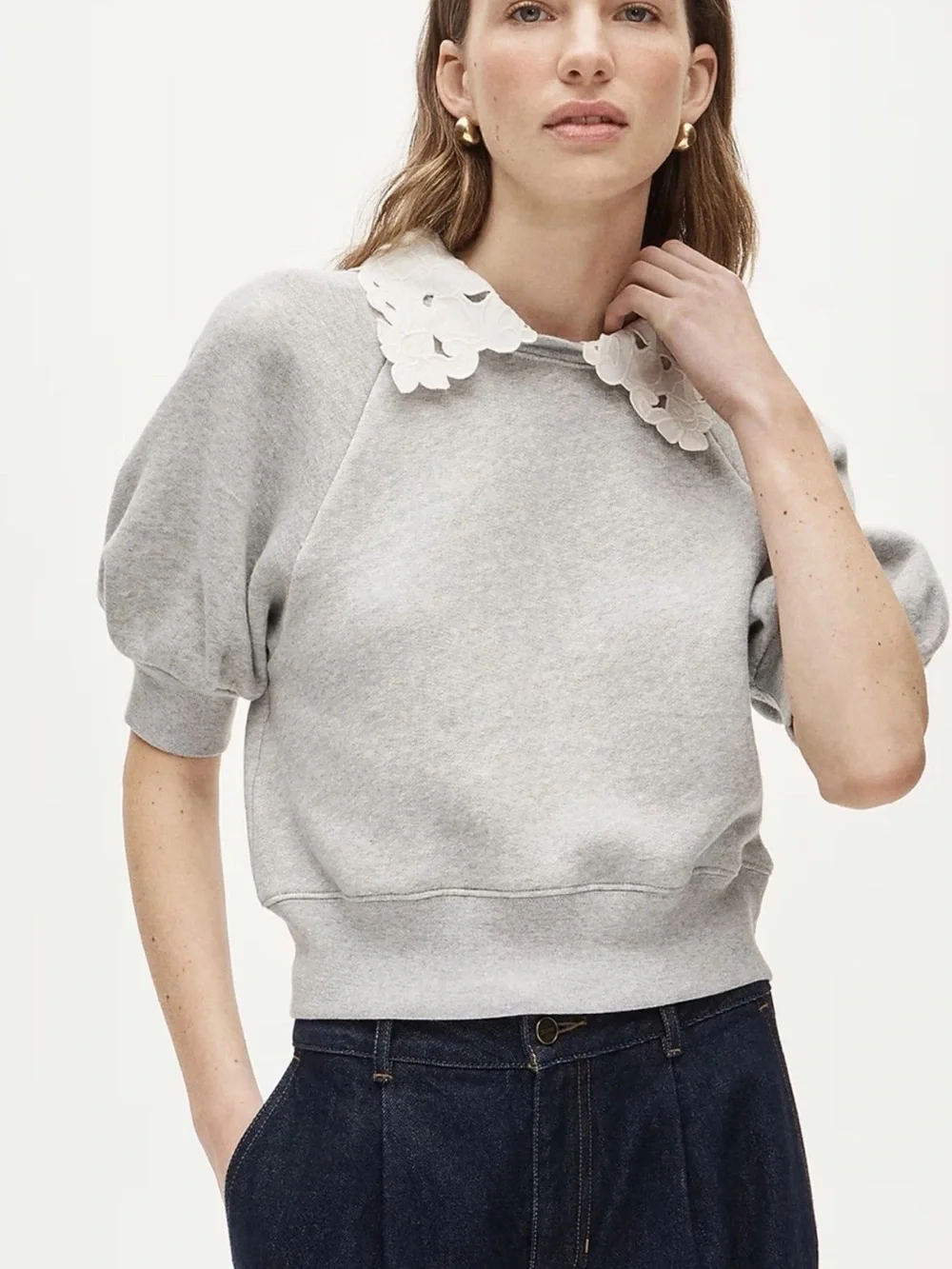 J. Crew Light Gray Sweatshirt with White Floral Lace Collar NWT